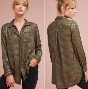 Anthropologie Olive Green Metallic Dot Button-Down Shirt
